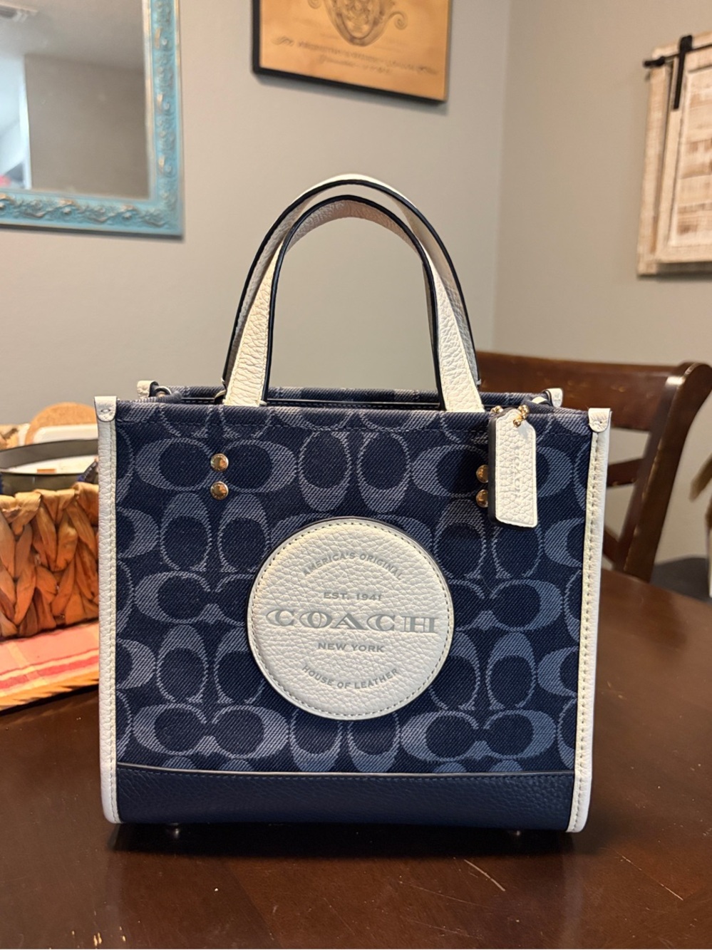 Coach Navy Signature Canvas Mini Satchel with White Trim